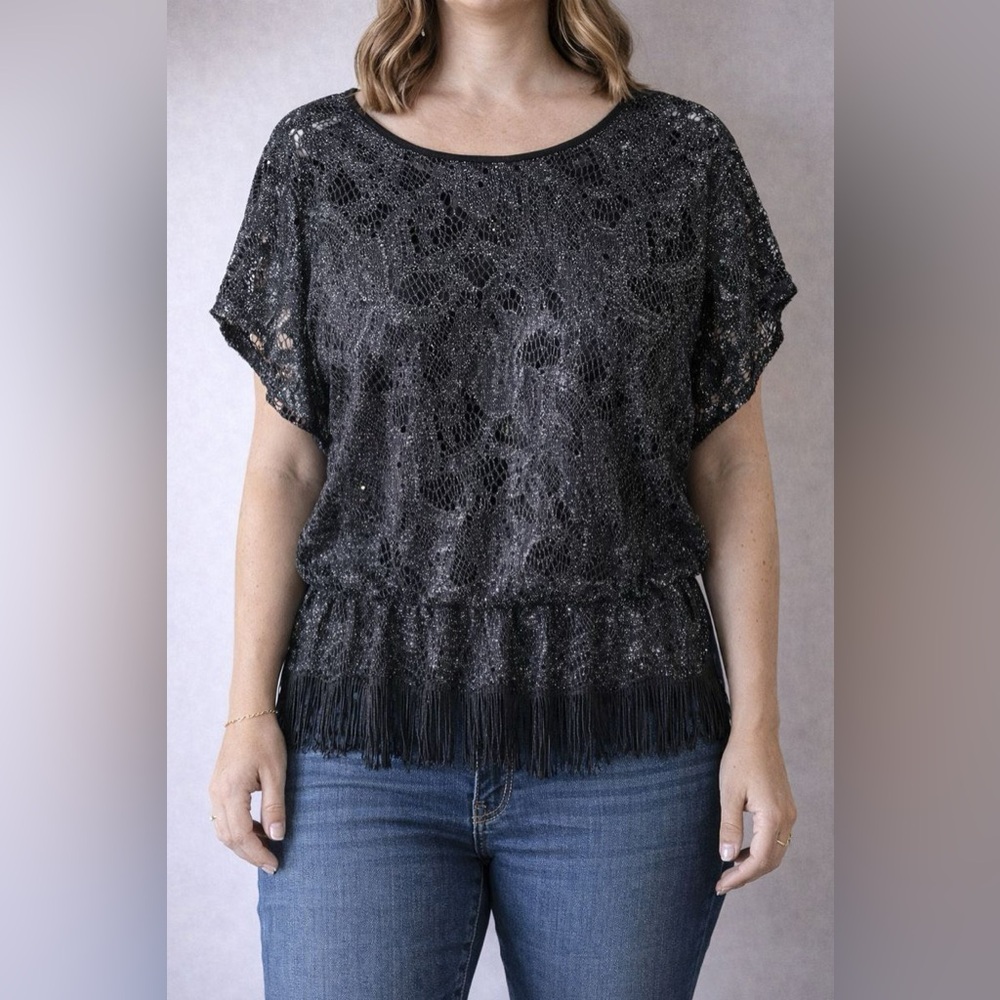 Laura Black Lace Coquette Fringe Blouse Size M All Over Shimmer Whimsygoth